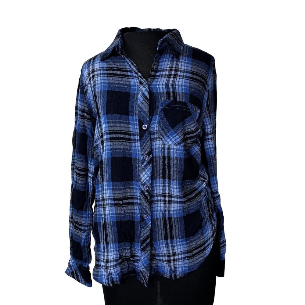 Blue & Black Plaid Button-Up Long Sleeve Shirt By Lola River Size M